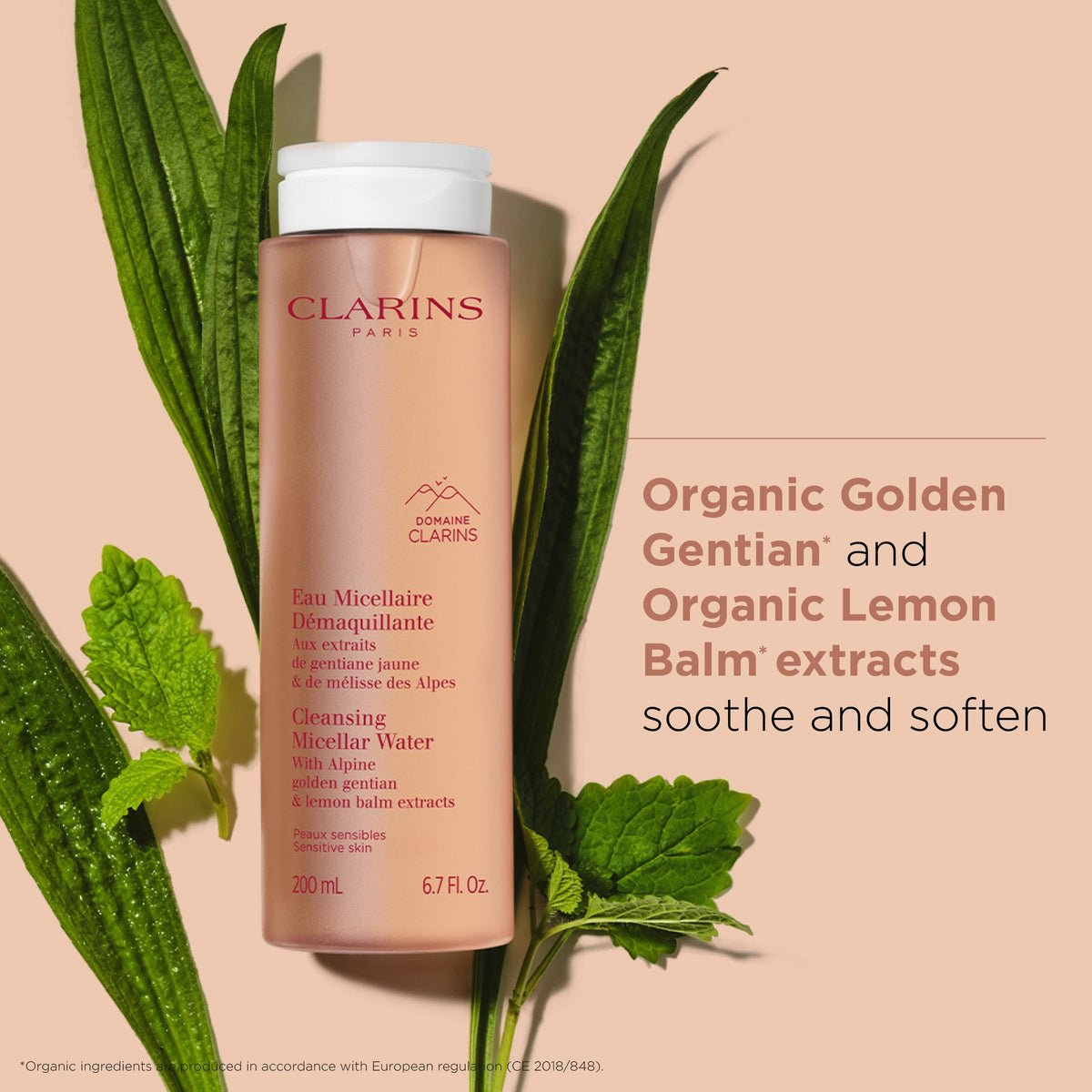 Clarins product on cotton pad removing makeup for fast, no-rinse cleansing