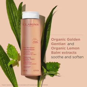 Clarins product on cotton pad removing makeup for fast, no-rinse cleansing