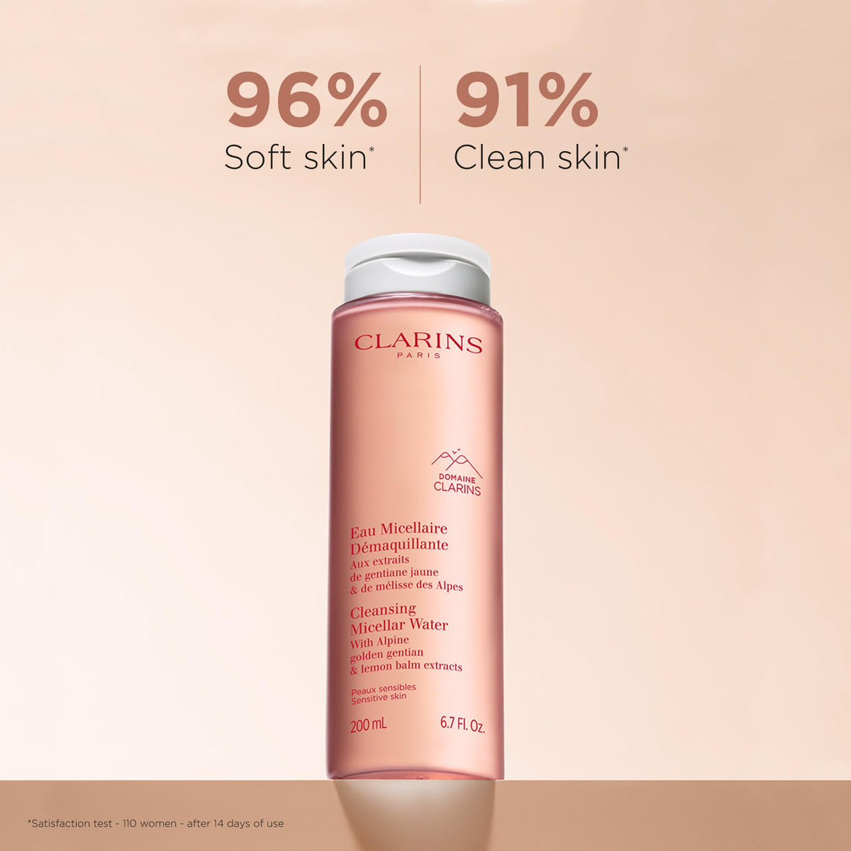 Clarins close-up texture of micellar water highlighting gentle, clear formula