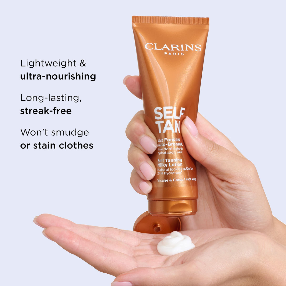 Clarins pump dispensing milky lotion demonstrating easy, controlled application
