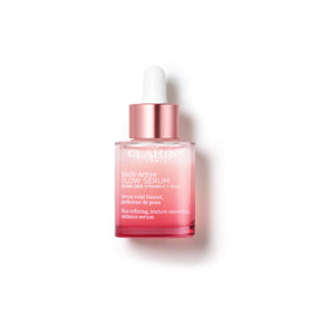 Clarins front packaging of brightening glow serum showing bottle and label benefits