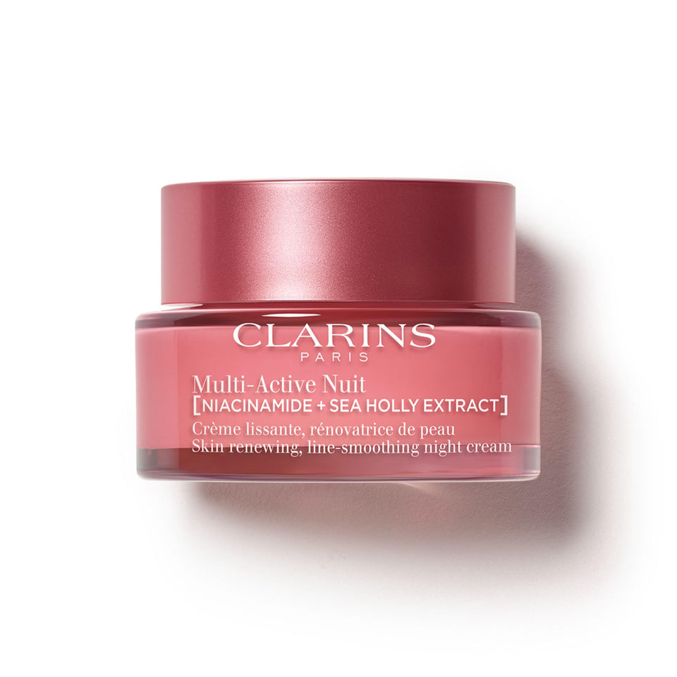 Clarins multi-active front packaging showing the jar and lid, promotes overnight renewal