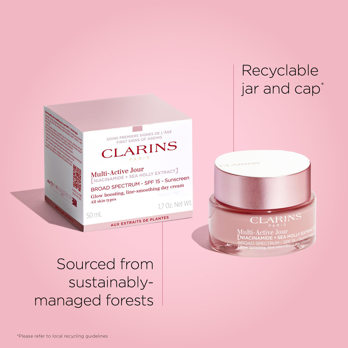 Clarins product label close-up showing formulation details and consumer clarity