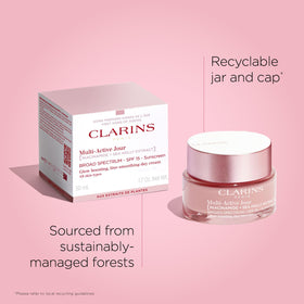 Clarins product label close-up showing formulation details and consumer clarity