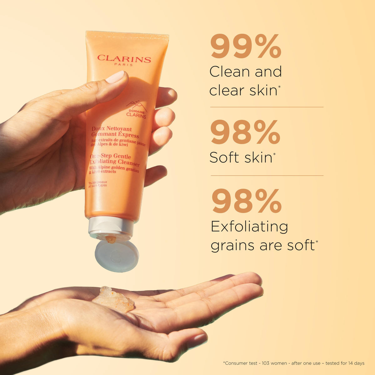 Clarins close-up of plant-based exfoliating beads texture and gentle polish