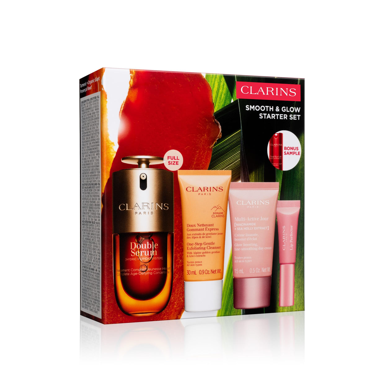 clarins product lineup flatlay demonstrating routine combinations