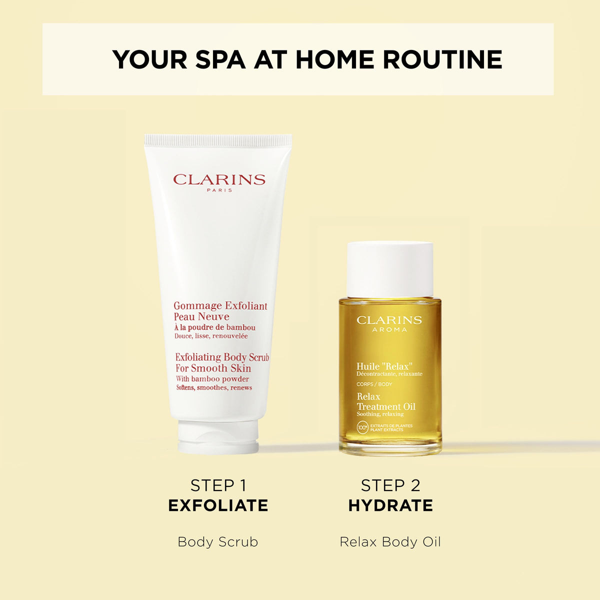 Clarins bottle resting on towel showing spa-like calming ritual benefit