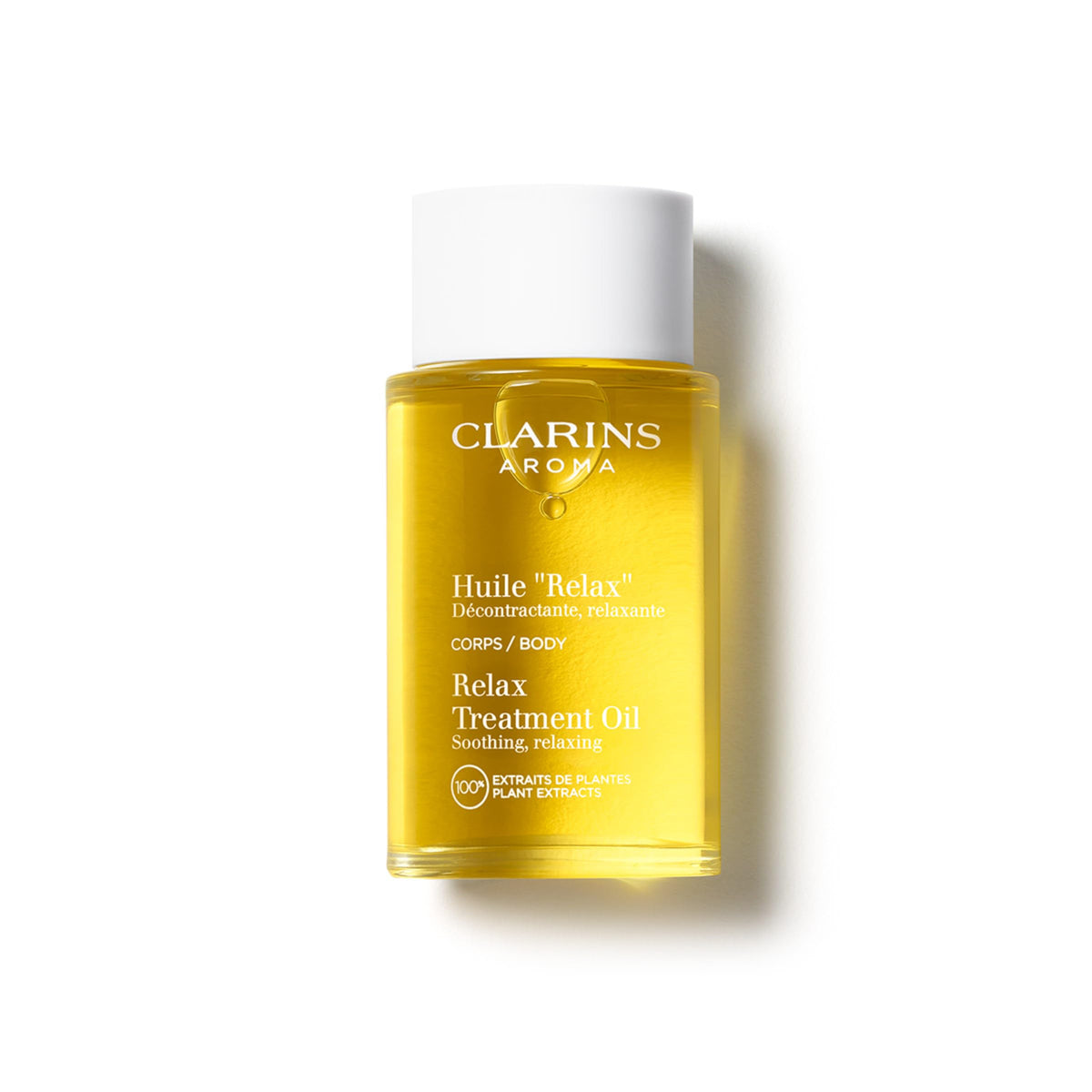 Clarins front bottle view showing packaging and calming oil benefits