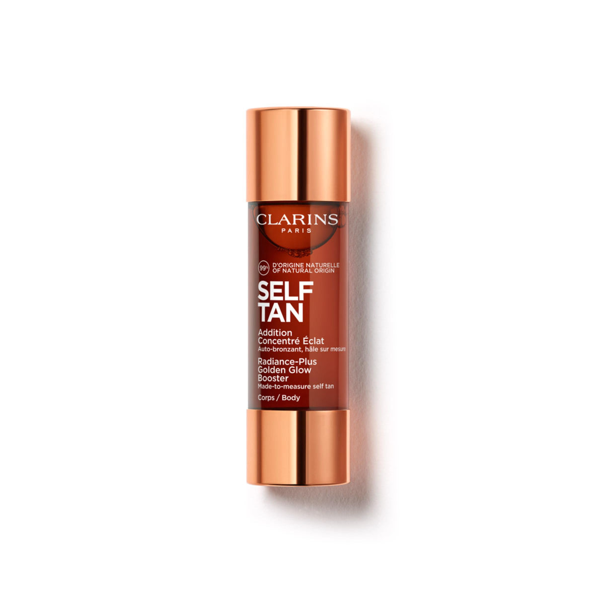 Clarins front packaging showing bottle and brand for clear product recognition