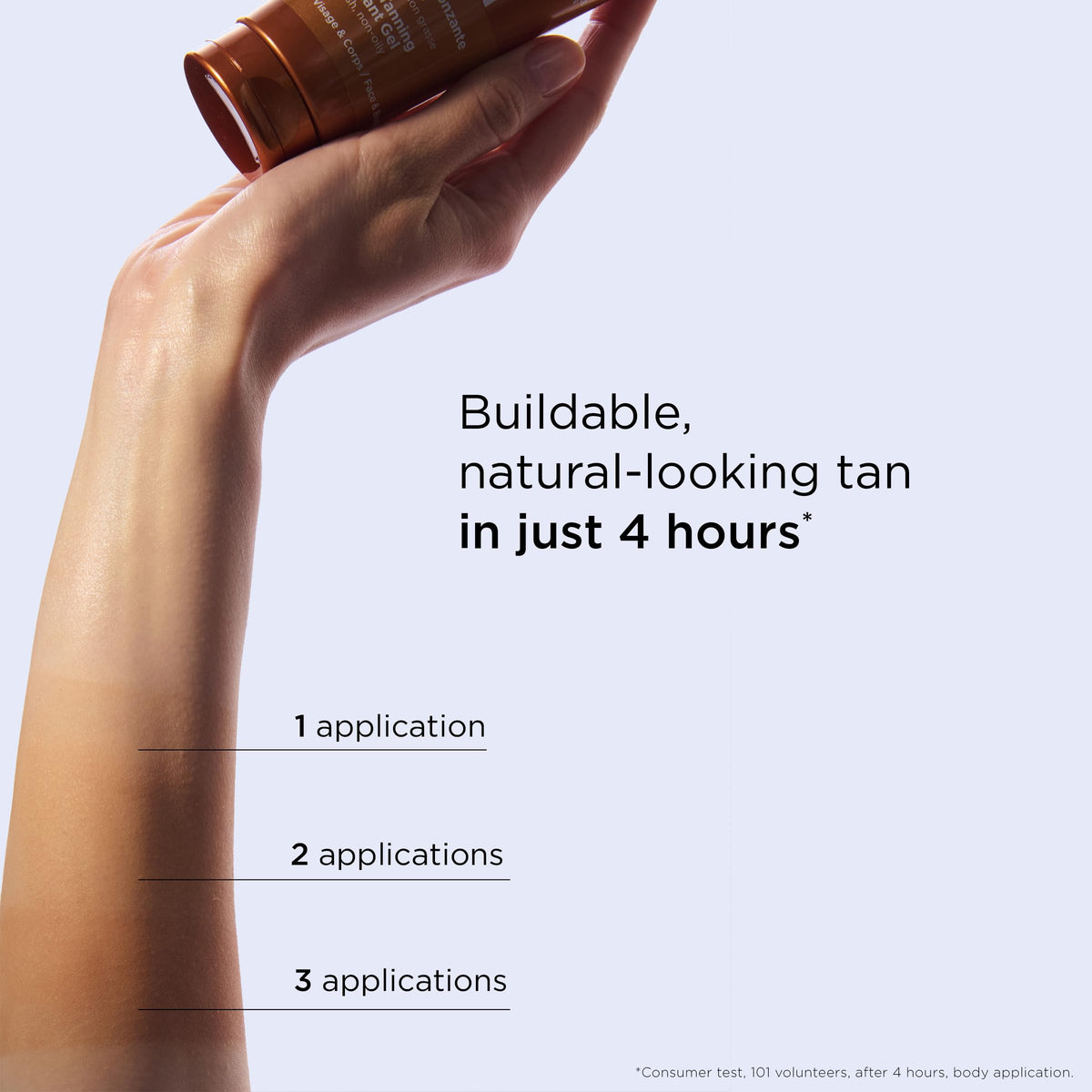 Clarins gel applied on forearm demonstrating streak-free, natural color