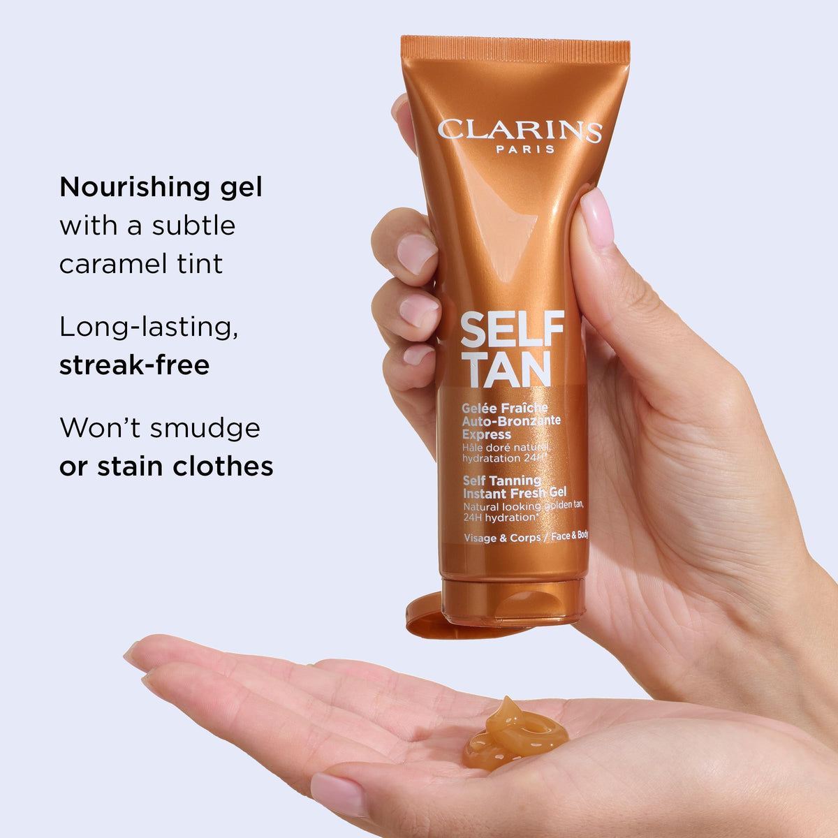Clarins gel texture close-up showing lightweight, fast-drying finish