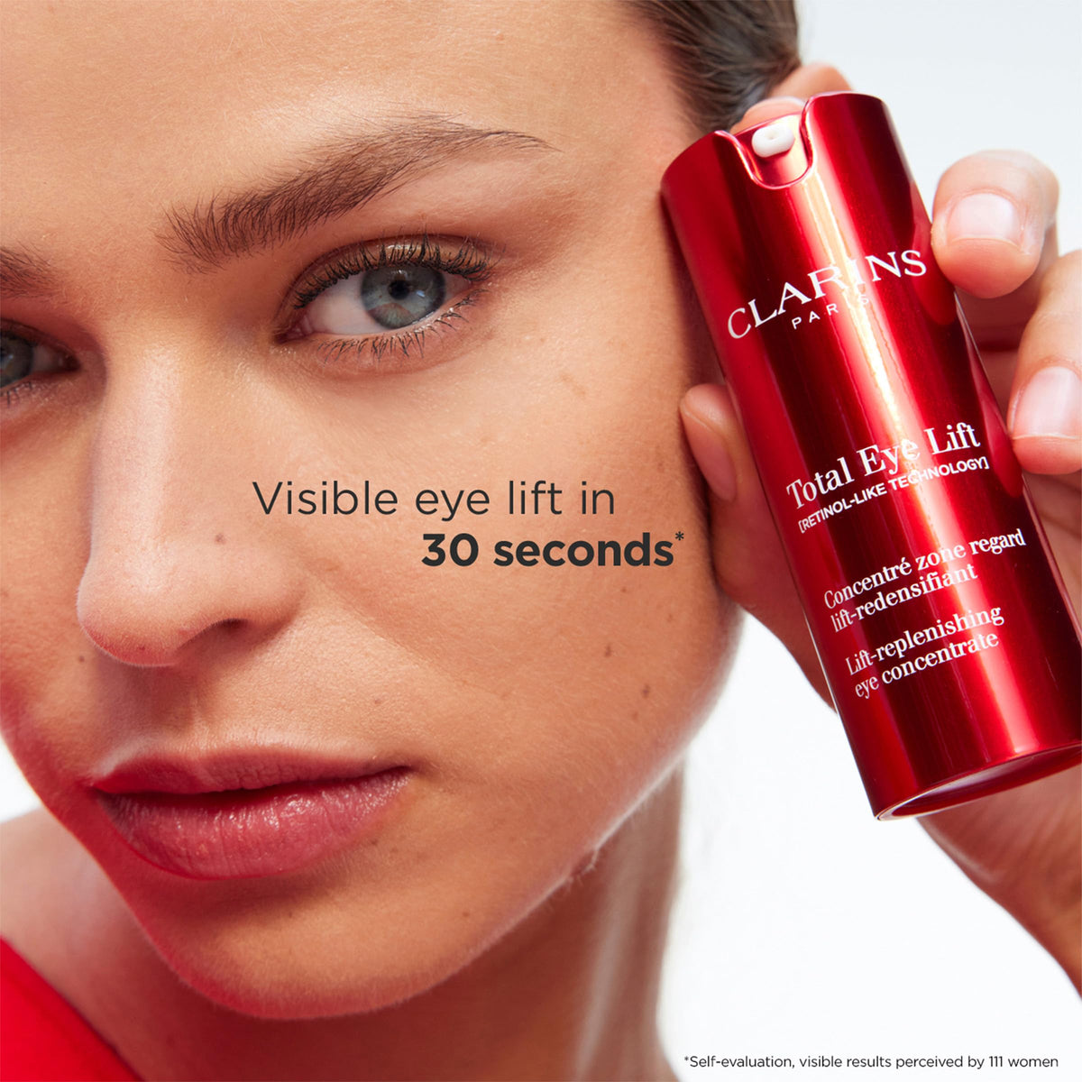 CLARINS full-size products in hand showing scale and travel-friendly benefit