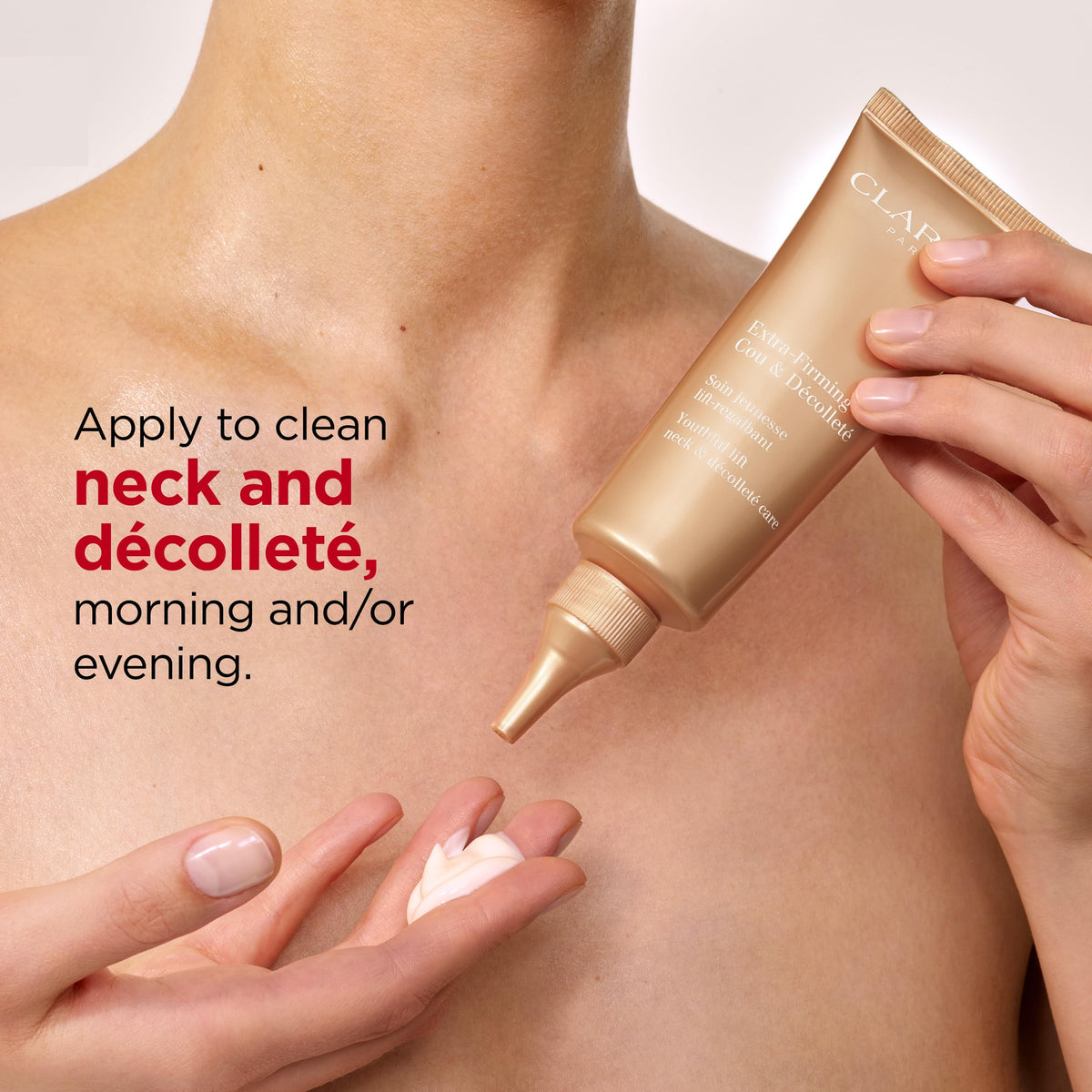 CLARINS jar beside ruler showing 2.5 ounce scale and travel-ready benefit