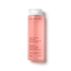 CLARINS front packaging of Soothing Toning Lotion showing bottle, promotes gentle cleansing