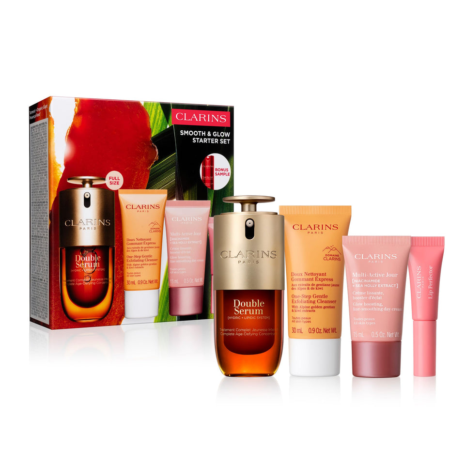 clarins starter set front packaging showing contents and value