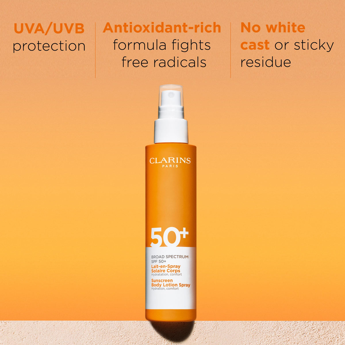 CLARINS sunscreen texture closeup highlighting lightweight, dry‑touch finish for comfortable wear