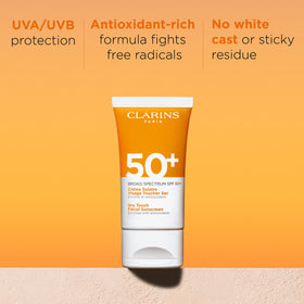Clarins sunscreen texture close-up showing lightweight matte finish benefit