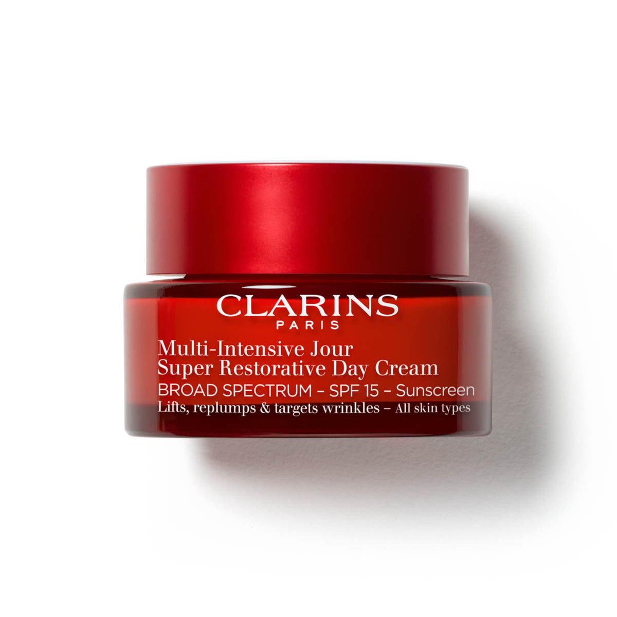 Clarins front jar of Super Restorative Day Cream SPF15 showing packaging and radiance benefit