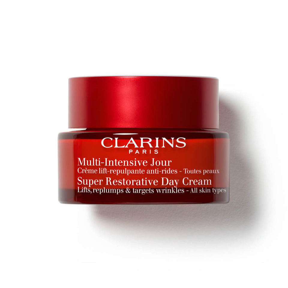 Clarins front packaging showing jar and box, communicates premium protection