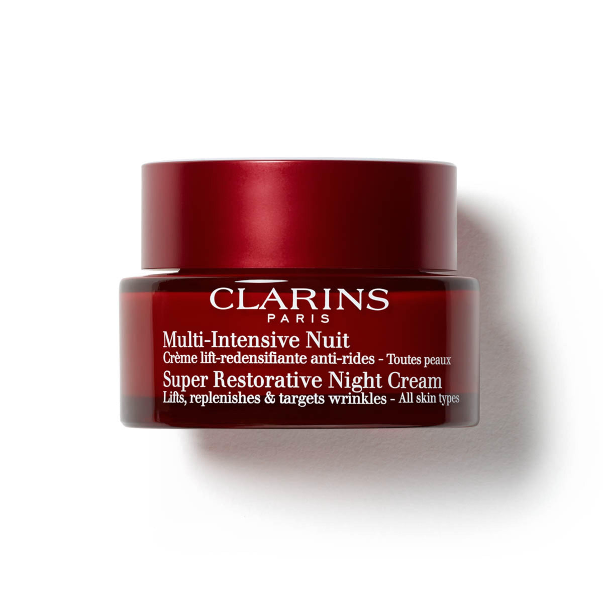 Clarins jar front view showing product and elegant packaging benefit: recognisable brand presentation