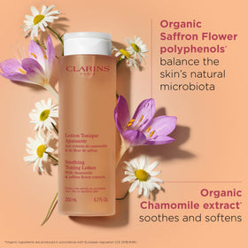 CLARINS camomile extract ingredient shot highlighting botanical soothing properties