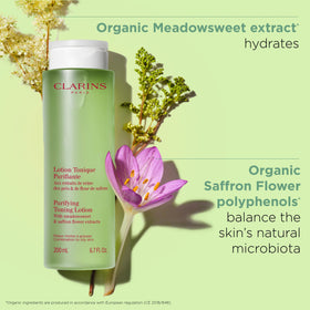 CLARINS toning lotion shown in hand during application to demonstrate easy, soothing use