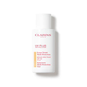 Clarins UV Plus medium front packaging showing bottle and label benefits