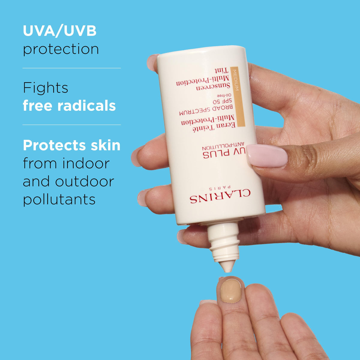 Clarins UV Plus texture close-up demonstrating sheer blendability and hydration