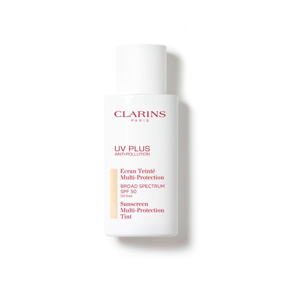 Clarins UV Plus front packaging showing SPF 50 and tinted finish benefit