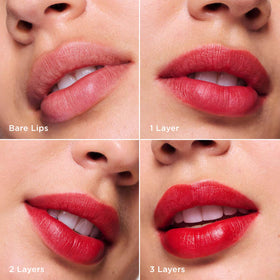 Clarins on model wearing red water for comfortable long-wearing color