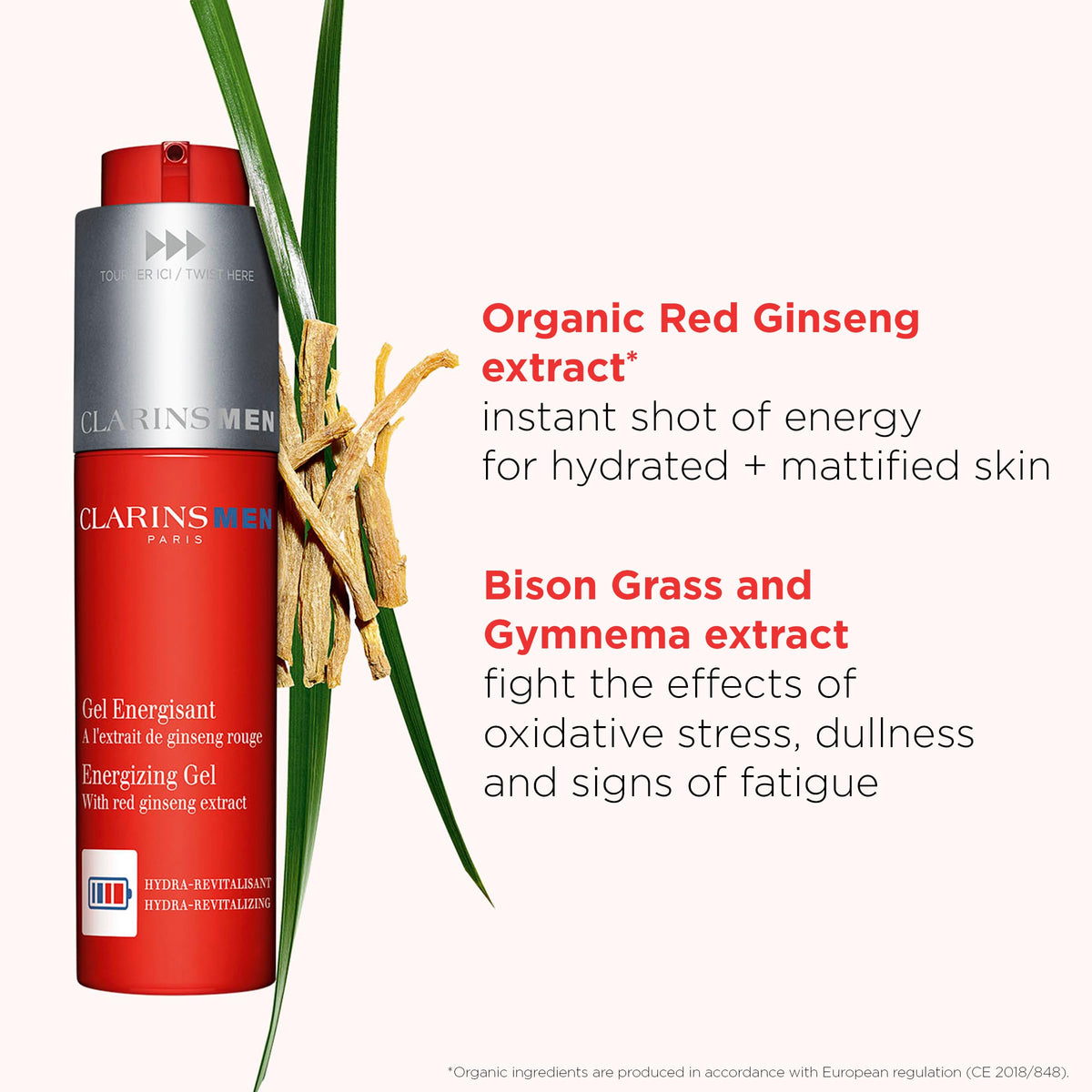 CLARINS close-up of red ginseng ingredient emphasizing energizing plant power