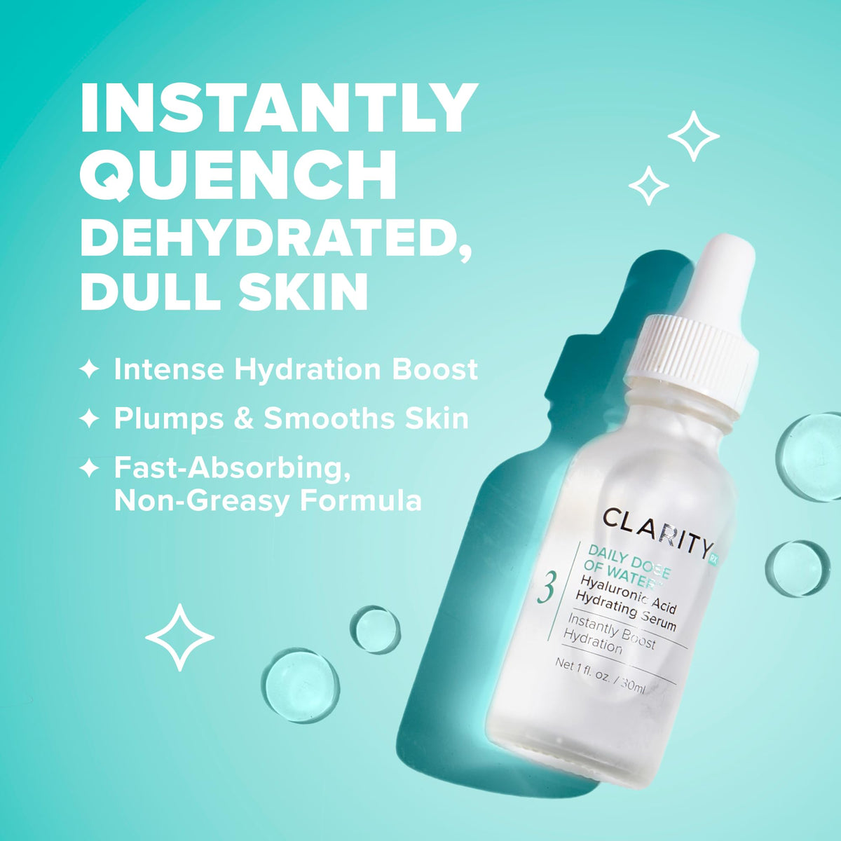 ClarityRx dropper dispensing clear serum, demonstrates fast-absorbing texture benefit
