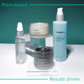 ClarityRx bottle with ingredient callouts, highlights peptides and hyaluronic support