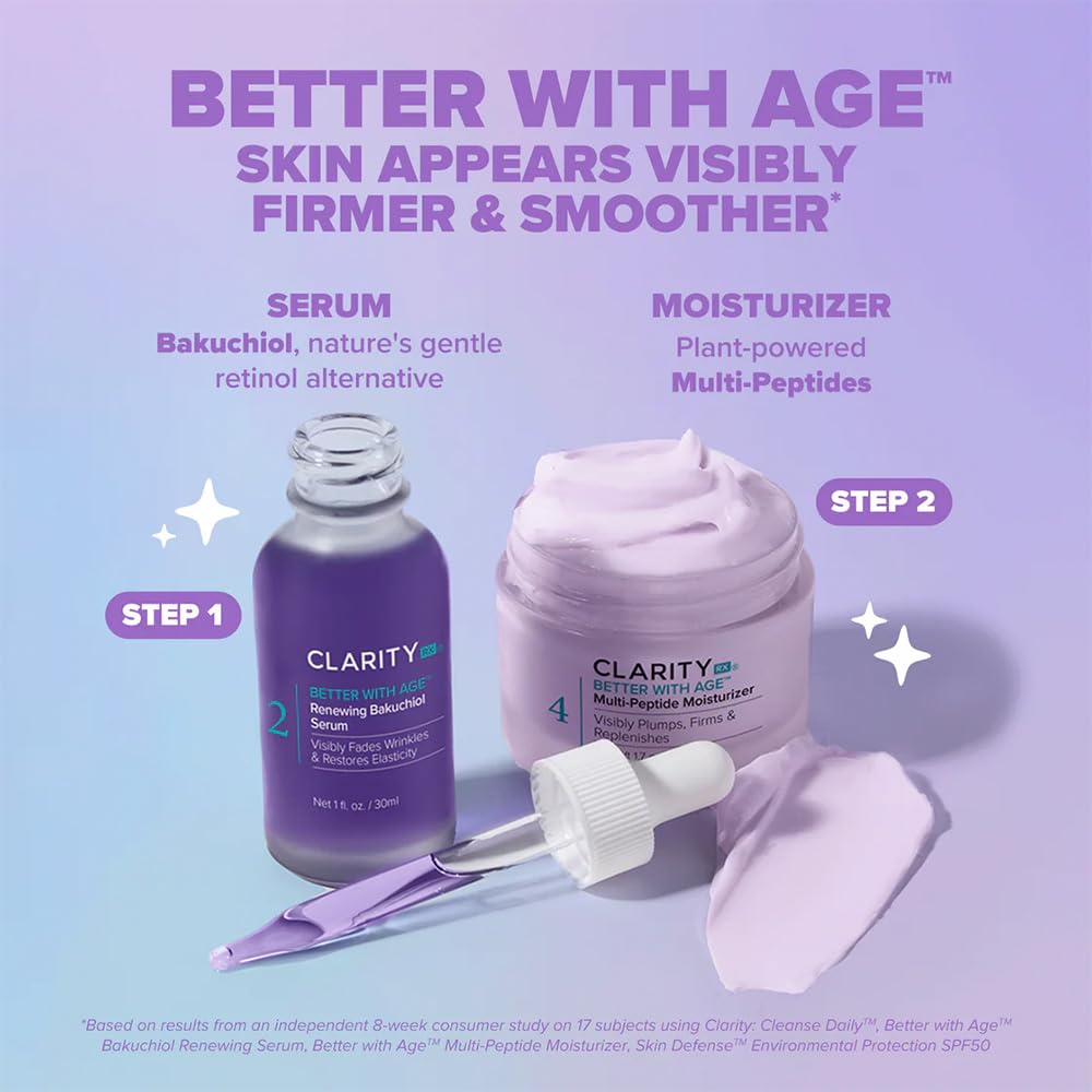 ClarityRx serum on bathroom counter with towel conveying daily routine use