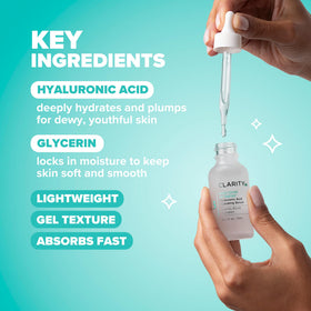 ClarityRx close-up of hyaluronic texture on skin, shows plumping hydration benefit