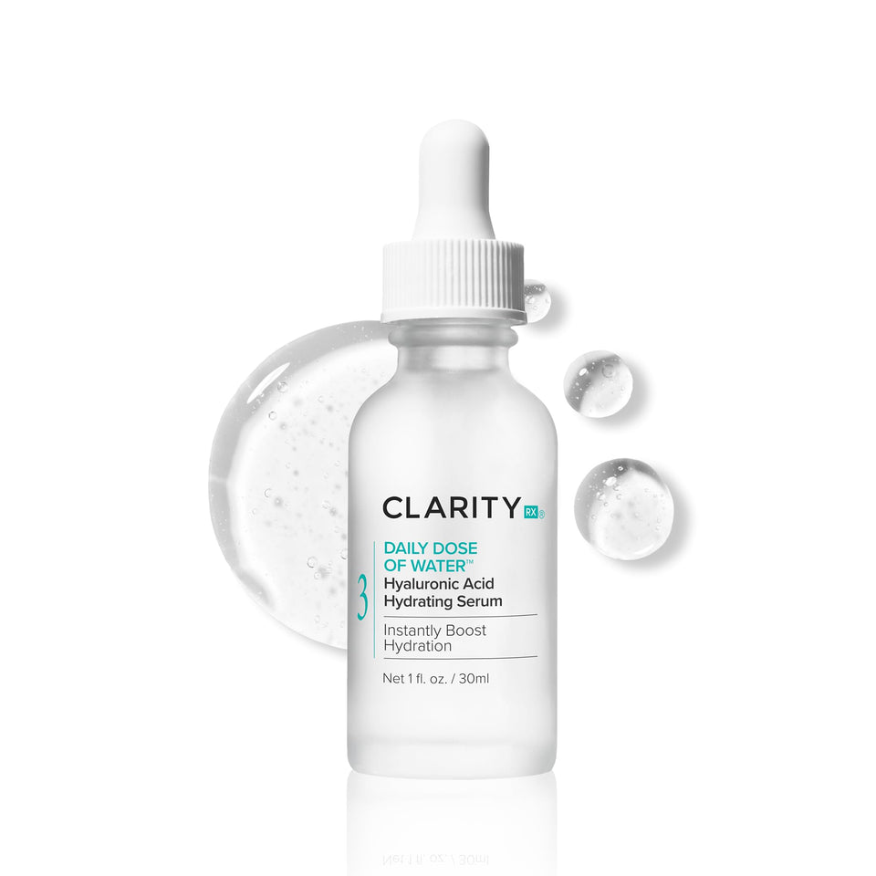 ClarityRx bottle front view showing sleek label and hydrating serum benefit