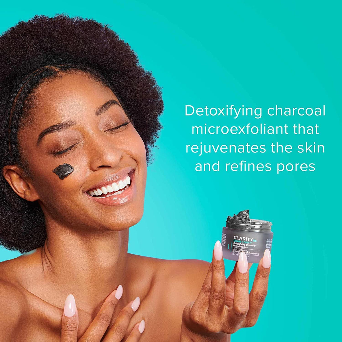 ClarityRx close-up of charcoal exfoliant texture for gentle polishing