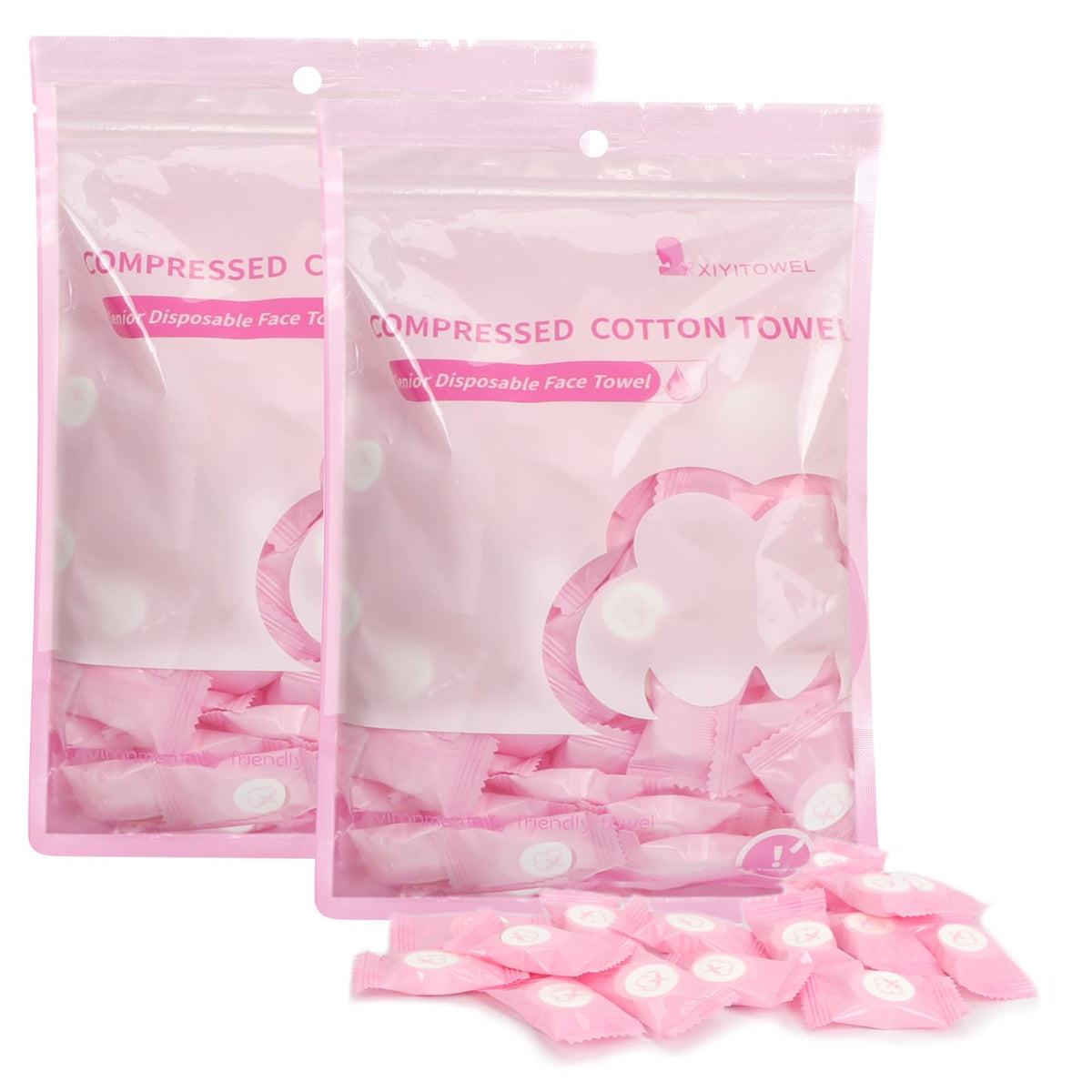 Classycoo front packaging showing 200 pink compressed towels, travel convenience