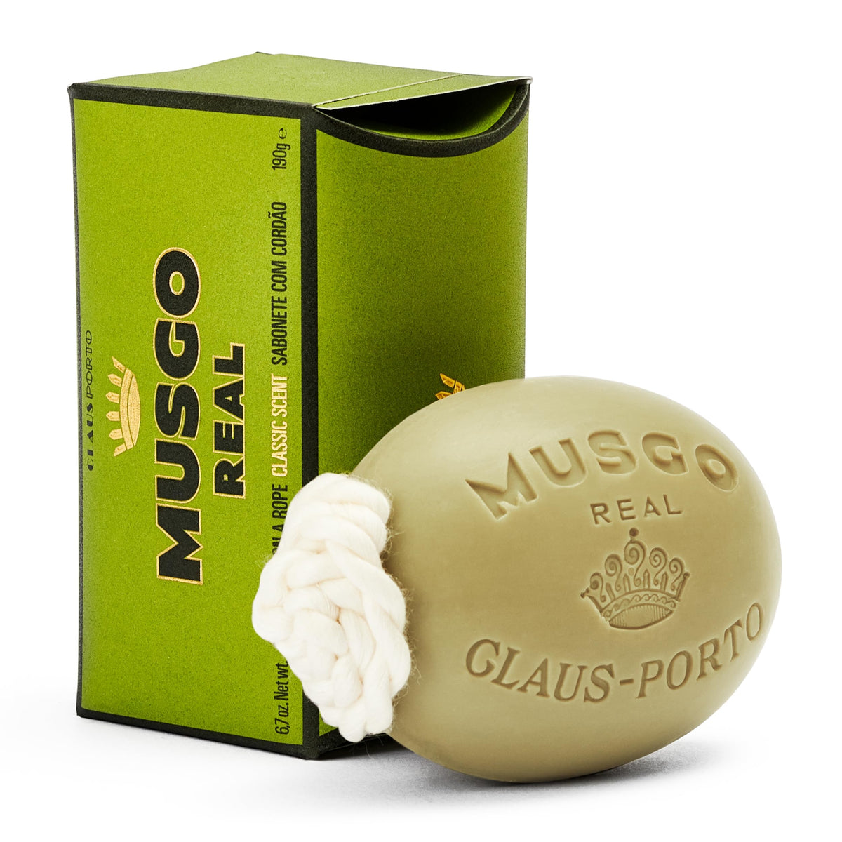 Claus Porto soap on a rope front packaging showing woody fragrance and hanging benefit