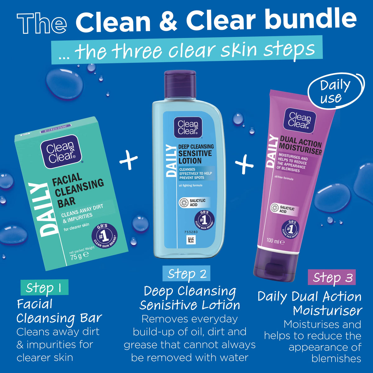 Clean & Clear on bathroom shelf in routine setting for daily hydration