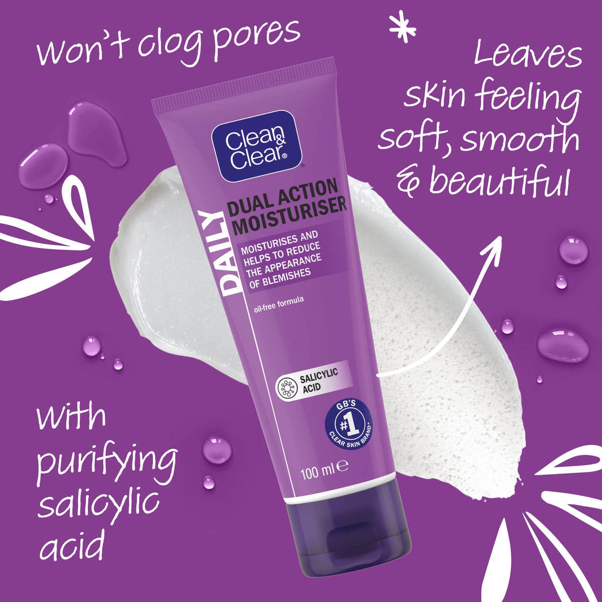 Clean & Clear tube beside ruler to show 100 ml size and travel convenience