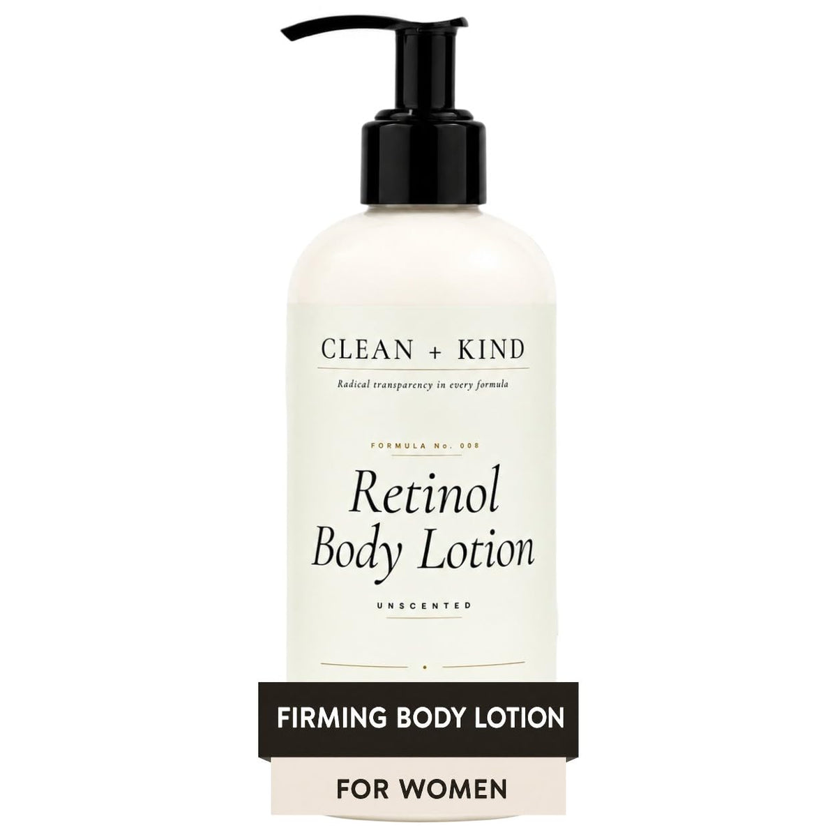 Clean + Kind front packaging showing retinol body lotion and benefits