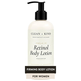 Clean + Kind front packaging showing retinol body lotion and benefits