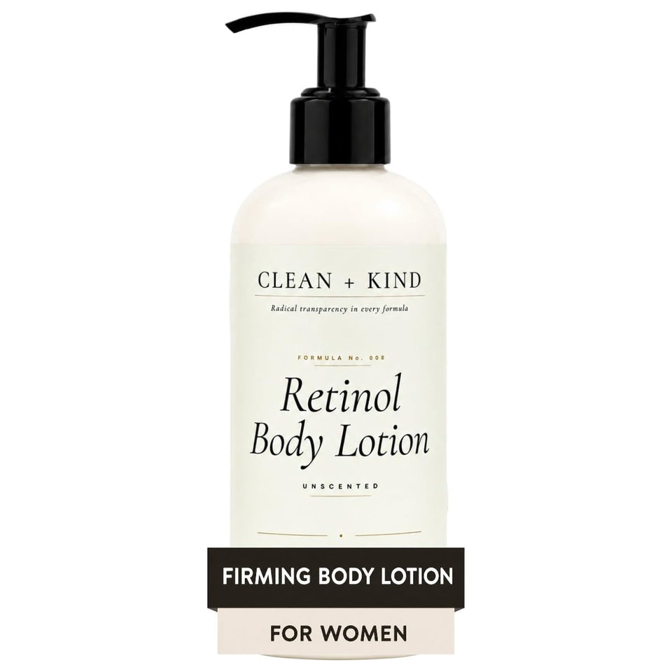 Clean + Kind front packaging showing retinol body lotion and benefits
