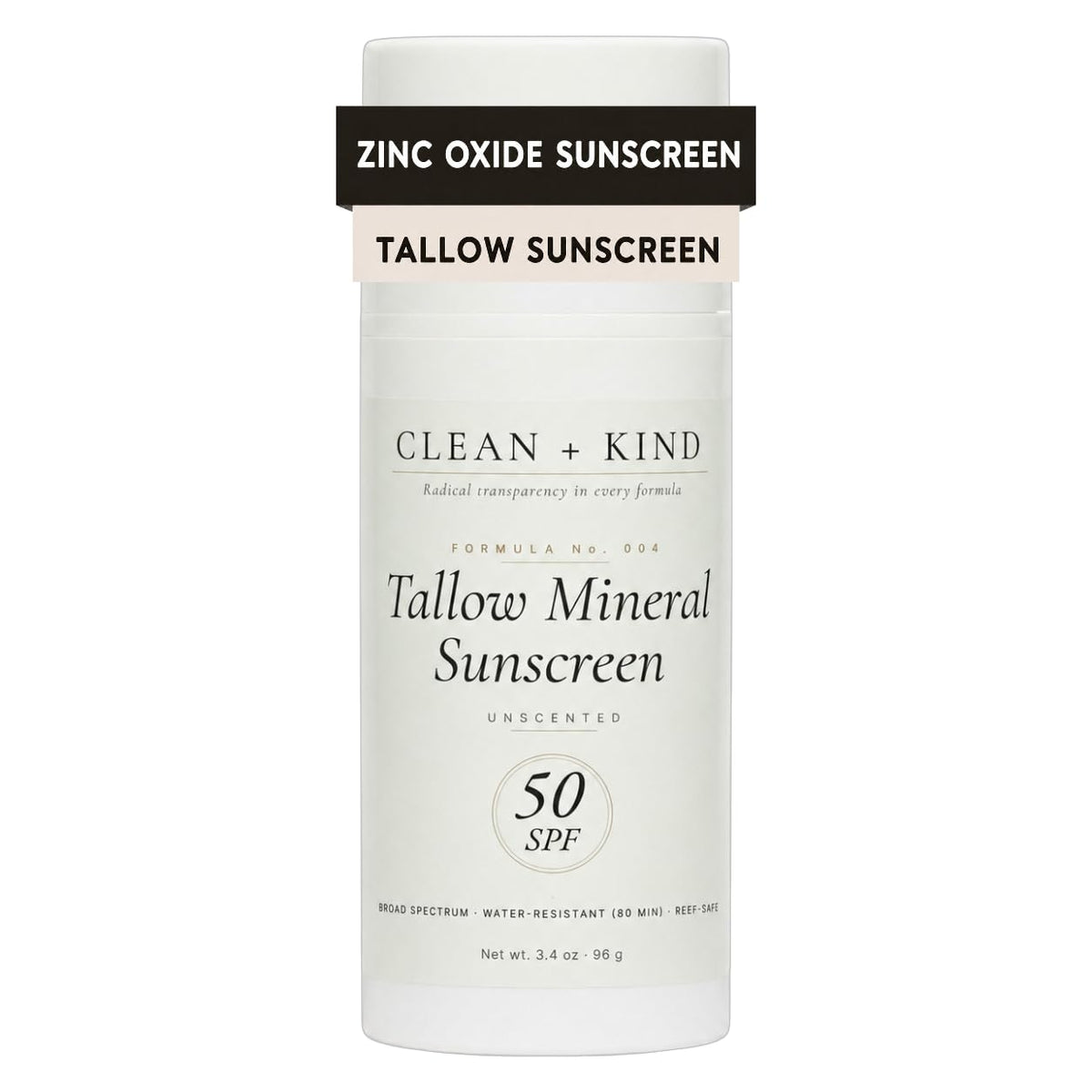 Clean + Kind front packaging showing SPF 50 and unscented benefits