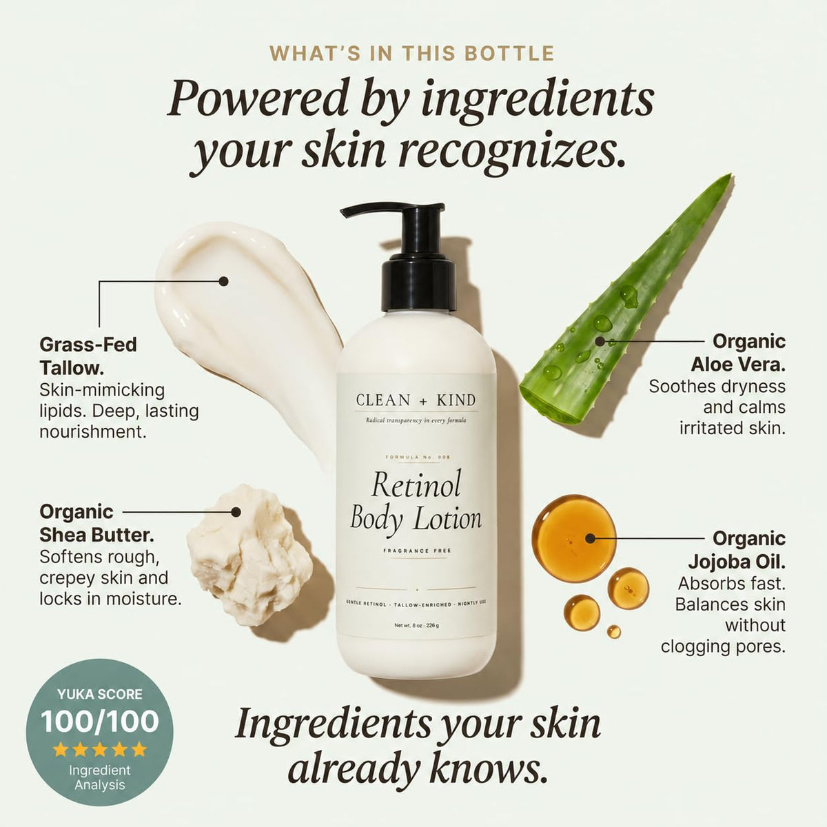 Clean + Kind creamy lotion texture close-up showing fast absorption