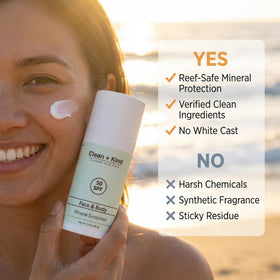 Clean + Kind sunscreen applied on arm demonstrating even coverage and protection