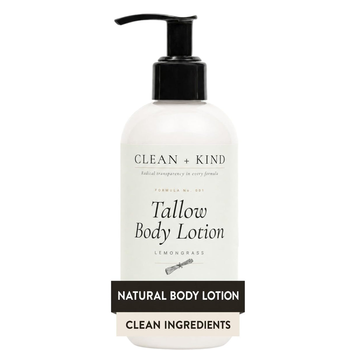Clean + Kind front packaging showing lemongrass lotion and natural appeal