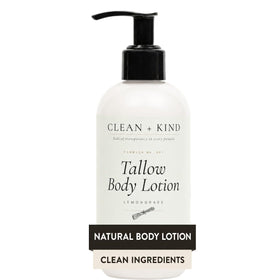 Clean + Kind front packaging showing lemongrass lotion and natural appeal