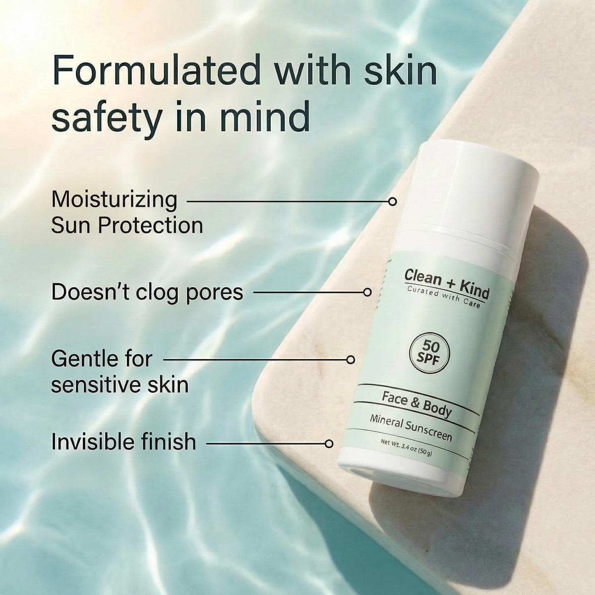 Clean + Kind sunscreen being applied to arm showing quick blend benefit